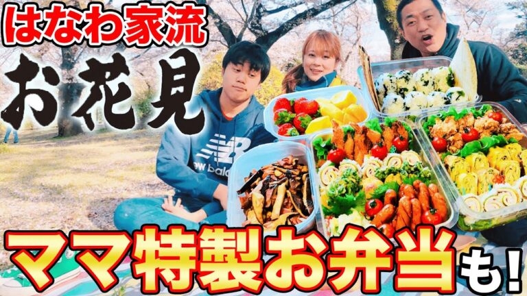 ママの手作り弁当🍱（大盛り）持って【はなわ家のお花見🌸】※飯テロ注意【ママの弁当テク炸裂】【彩りおかず】【大葉とチーズとハムのちくわ巻き】【わかめごはんおにぎり】【大葉入り卵焼き】