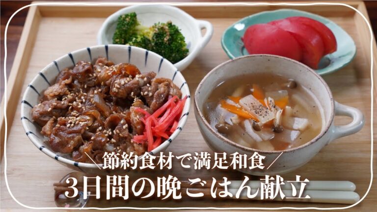 【３日間の夕飯献立】節約食材で満足できる和食晩ごはんレシピと献立の決め方をご紹介！／ヘルシー和風ハンバーグ／甘辛い豚丼の夕食／アジの南蛮漬け