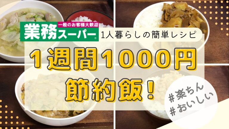 【業務スーパー】一人暮らし1週間1000円の節約晩御飯！【簡単レシピ】白菜と豚肉のうま塩鍋／海苔ごはん／ヘルシーカレー／昨日の残り／卵かけご飯／白菜のあんかけ丼／納豆ご飯