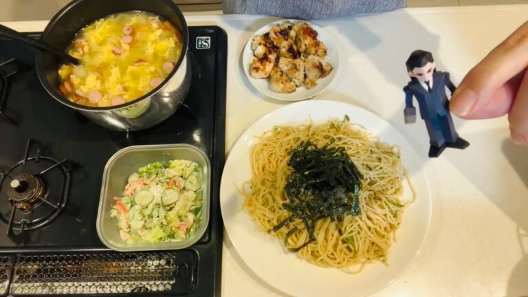 明太子パスタ、鶏のねぎ塩焼き、きゅうりのマヨ和え、ポトフ