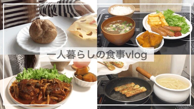 一人暮らし自炊派の食事vlog/料理欲が強い今日この頃/煮込みハンバーグ、かぼちゃの煮物、ちくわの磯辺揚げのせうどん、コンビニスイーツ