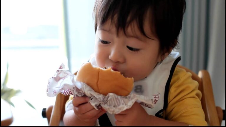 世界一ハンバーガーをおいしそうに食べる1歳児