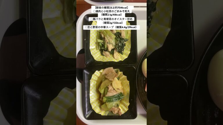 【朝食】鶏肉と小松菜のごまみそ和え（糖質2.1g/48kcal）他