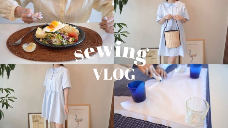 【洋裁vlog】涼しげな水色のシャツワンピースを縫う💎🤍夏野菜たっぷりのガパオライスを食べる/DIY Summer Dress