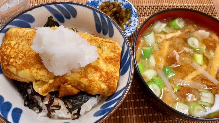 【一汁一飯】卵焼き丼と豚肉入りなめこの味噌汁の作り方！