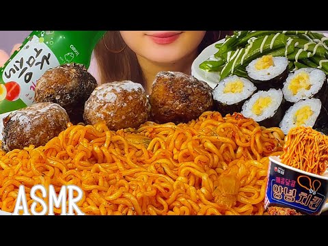 【咀嚼音】甘辛ビビン麺と揚げたこ焼きと納豆巻き/韓国麺/비빔면/참이슬【ASMR/EATING SOUNDS/Mukbang/モッパン/먹방】プルダック