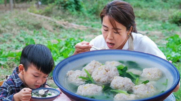 【农家的小勇】农家院晚饭，小勇做瘦肉丸子汤，Q弹十足汤鲜美，满满一碗吃美了