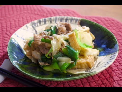 厚揚げと長ネギの肉炒め/自作の織部風のお皿/作り方/レシピ/おかず/