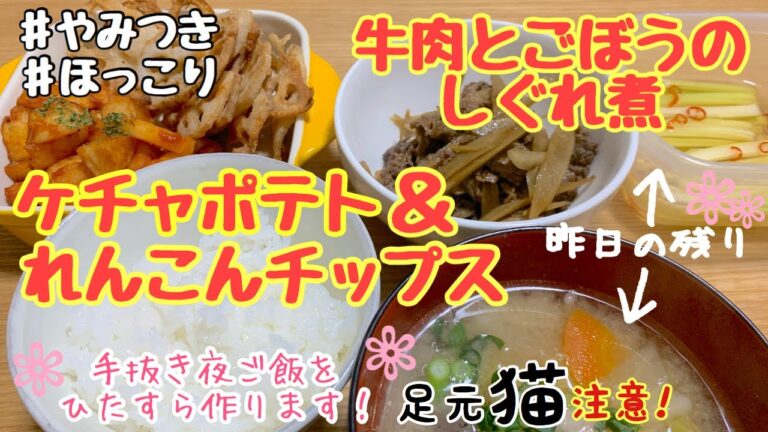 やみつき！ケチャポテト＆蓮根チップスと牛肉のしぐれ煮でほっこり夜ご飯【料理動画♯５】【献立】